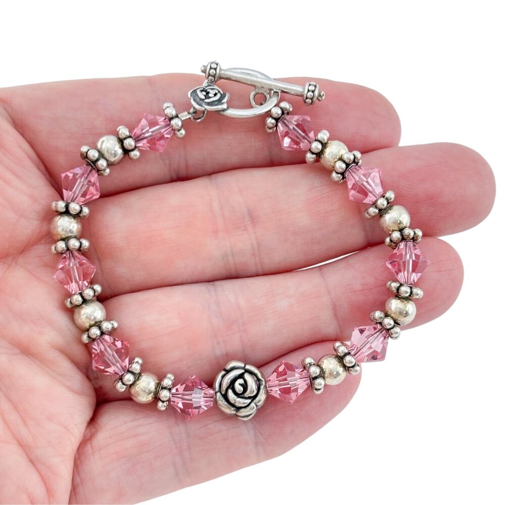 Vintage Sterling Silver 925 Pink Crystal Rose Bracelet 7.25"